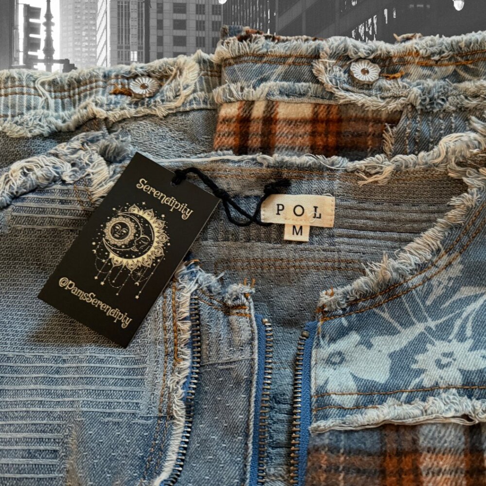 POL Distressed Grunge Denim Flanel Plaid Patch Zipper Front Street Jean Jacket - Picture 8 of 11